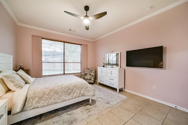 tiled bedroom with ceiling fan and crown molding