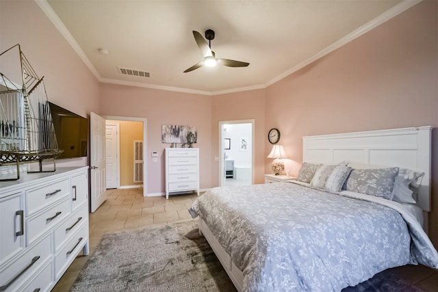 tiled bedroom featuring connected bathroom, ceiling fan, and crown molding