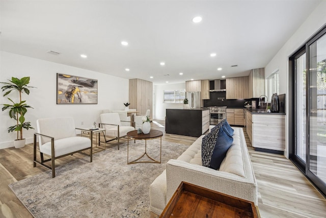 living room with sink and light hardwood / wood-style floors