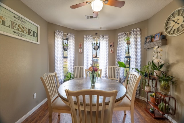 dining area with dark hardwood / wood-style flooring and ceiling fan