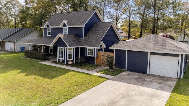 view of front of home with a front lawn, covered porch, and a garage