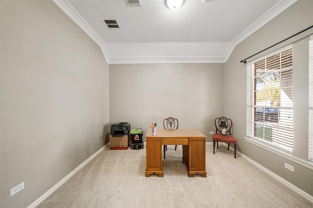 office with light carpet and crown molding