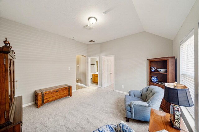 sitting room featuring vaulted ceiling and carpet floors