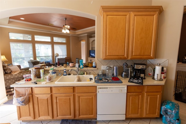 kitchen featuring dishwasher, ceiling fan, light tile patterned floors, and sink