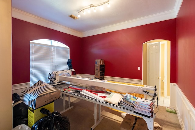 office space with ornamental molding and carpet floors