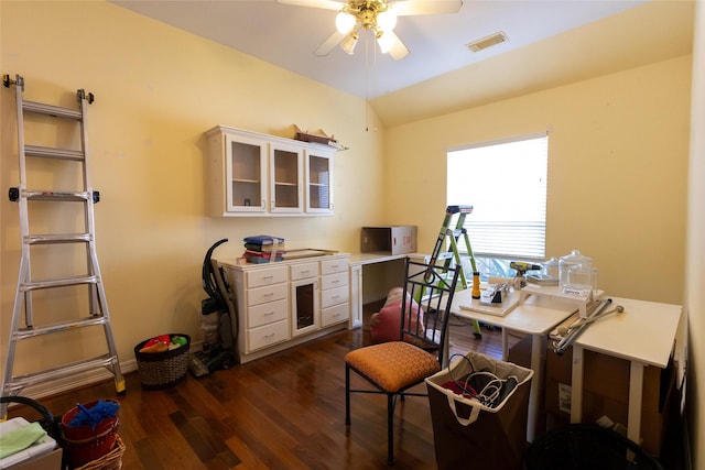 office space featuring ceiling fan and dark hardwood / wood-style floors