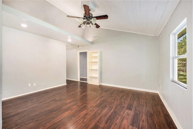 unfurnished room with dark hardwood / wood-style floors, ceiling fan, a healthy amount of sunlight, and lofted ceiling