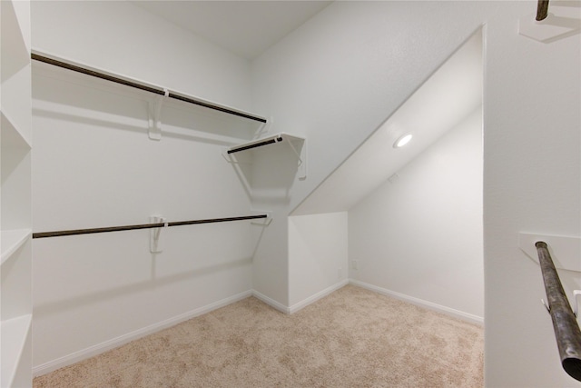 walk in closet featuring light carpet