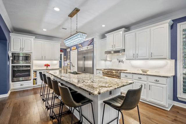 kitchen featuring built in appliances, white cabinetry, sink, and an island with sink