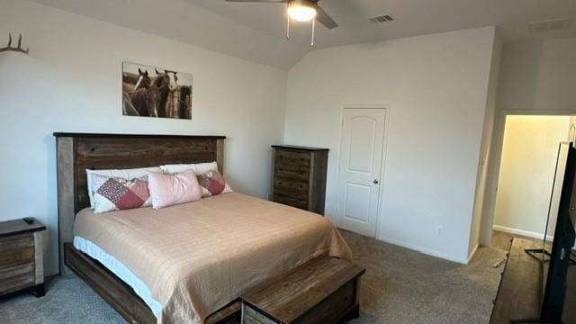 carpeted bedroom featuring ceiling fan and lofted ceiling