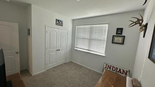 bedroom featuring light carpet