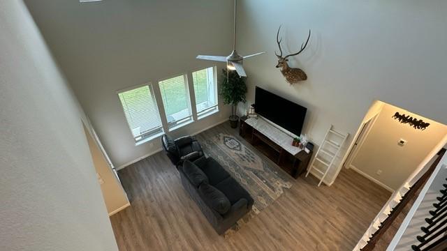 living room featuring dark hardwood / wood-style flooring and a high ceiling