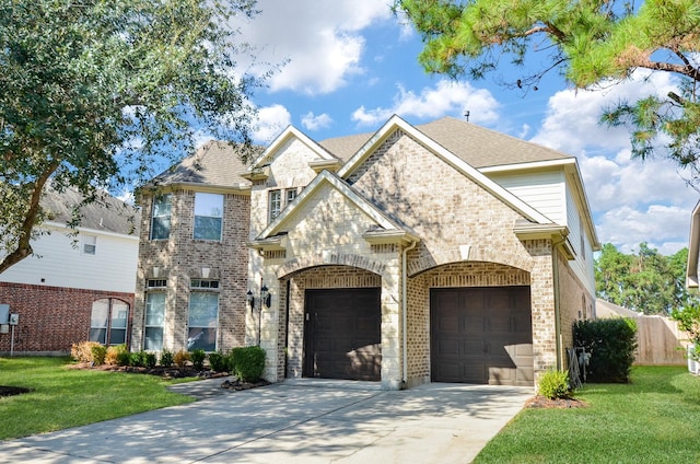 view of front of house with a garage and a front lawn