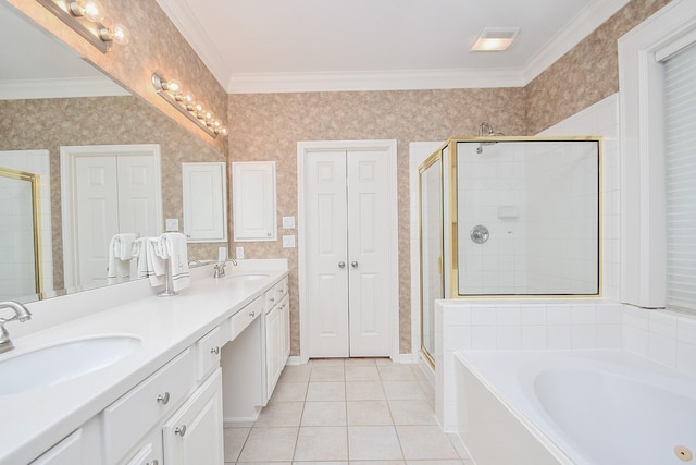 bathroom with tile patterned flooring, vanity, separate shower and tub, and crown molding