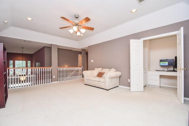 2446 Plantation Bend Dr, Sugar Land, TX 77478 - sitting room with a ceiling fan, light colored carpet, baseboards, a desk, and recessed lighting