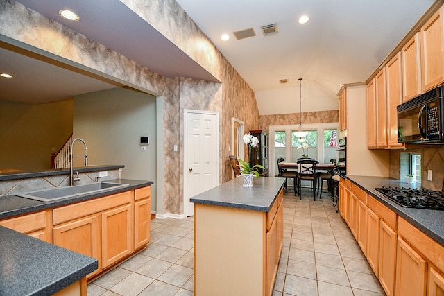2446 Plantation Bend Dr, Sugar Land, TX 77478 - kitchen with black appliances, a sink, dark countertops, light brown cabinets, and light tile patterned floors