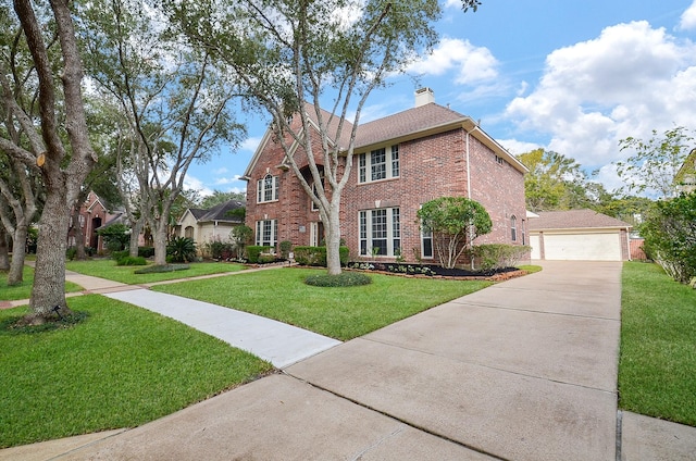 view of front of property with a garage and a front lawn