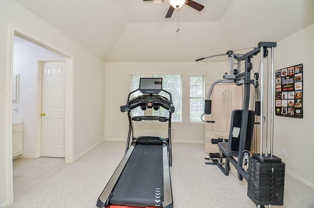 workout area with light carpet, ceiling fan, and lofted ceiling