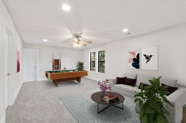 game room featuring ceiling fan, light colored carpet, and billiards