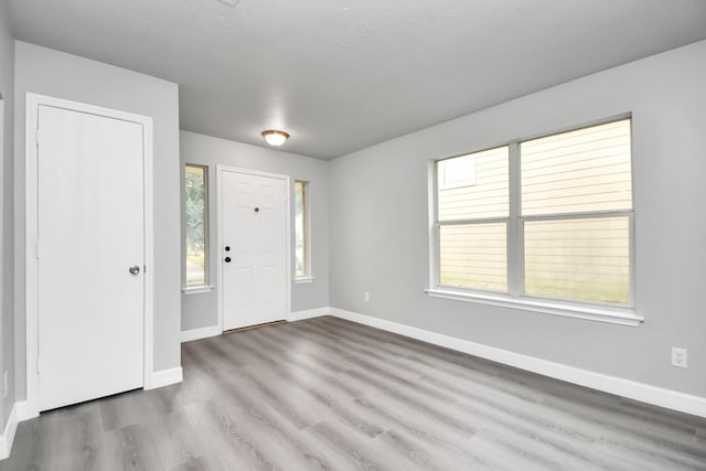 entryway featuring a healthy amount of sunlight, light wood-type flooring, and a textured ceiling