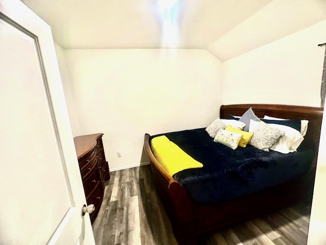 bedroom featuring lofted ceiling and dark hardwood / wood-style floors