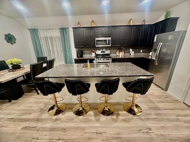 kitchen featuring light stone countertops, sink, an island with sink, and stainless steel appliances