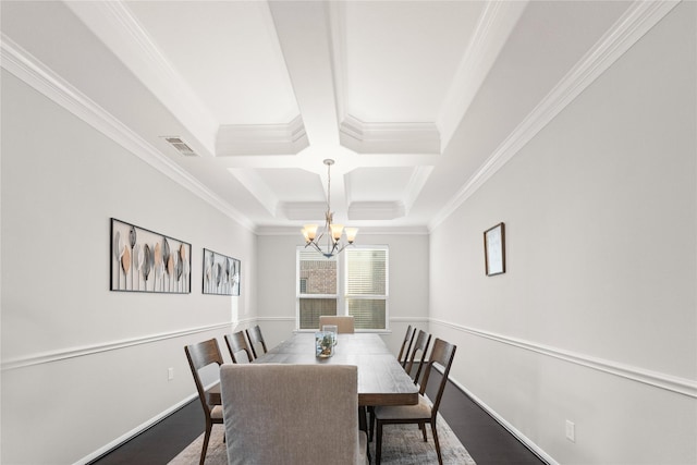 dining room with beamed ceiling, coffered ceiling, ornamental molding, and a notable chandelier