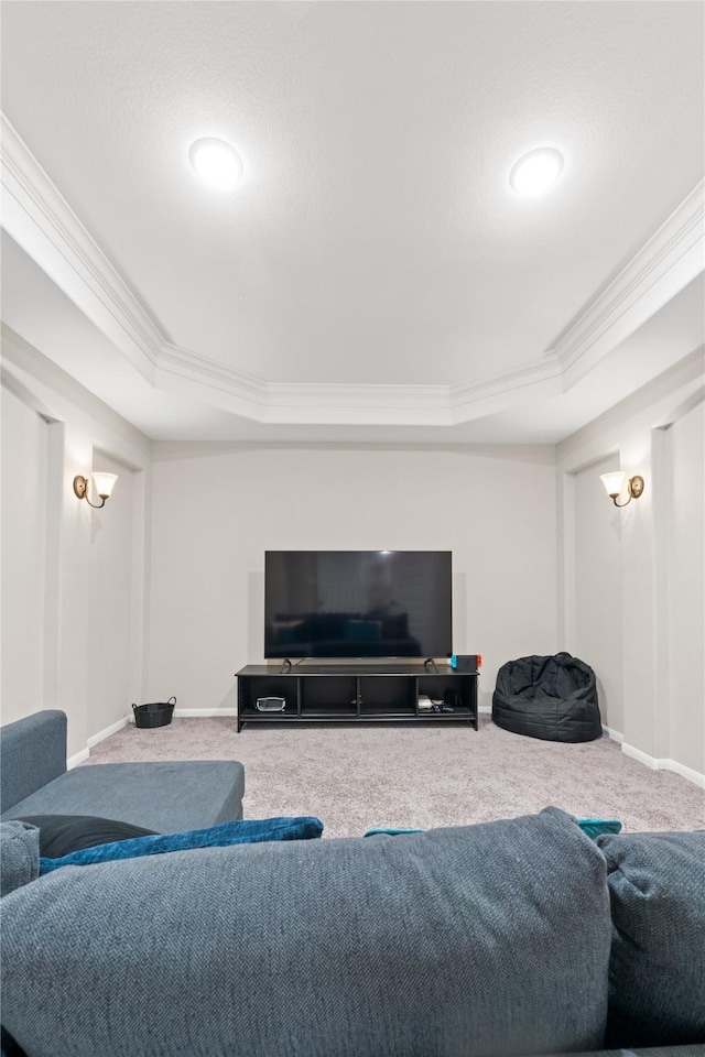 living room with a tray ceiling, carpet, and ornamental molding