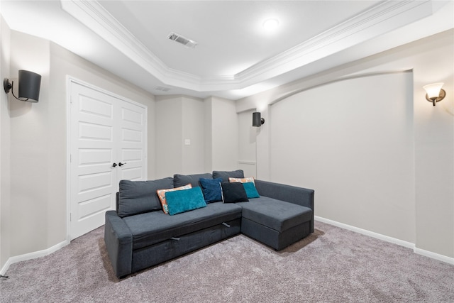 carpeted cinema featuring a raised ceiling and crown molding