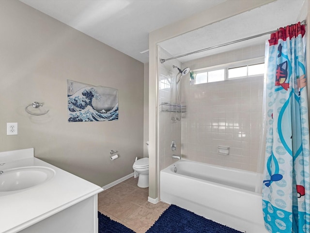 full bathroom with tile patterned flooring, vanity, toilet, and shower / bathtub combination with curtain