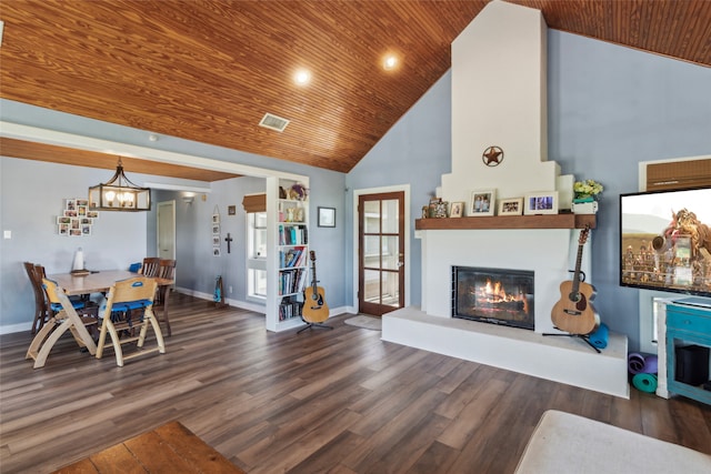 living room featuring high vaulted ceiling, dark wood-type flooring, and wood ceiling