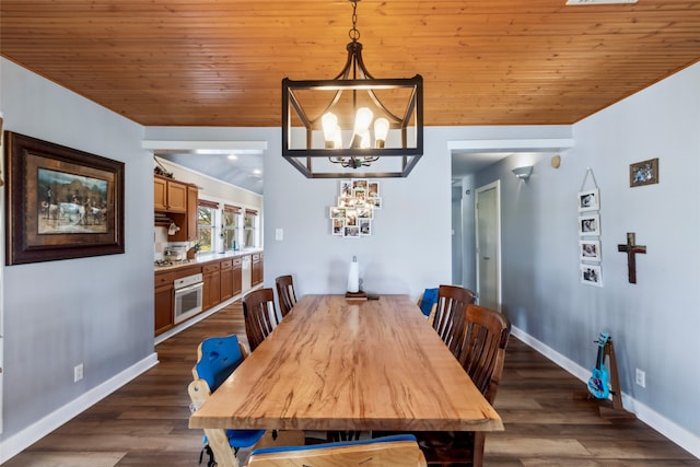 dining room with a notable chandelier, wooden ceiling, and dark wood-type flooring