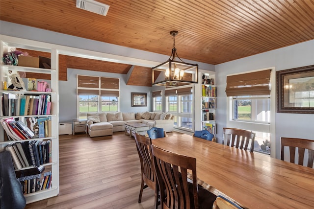 dining area featuring wood ceiling, plenty of natural light, hardwood / wood-style floors, and a notable chandelier