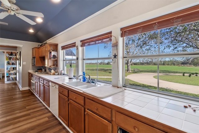 3110 Jack Beaver Rd, Santa Fe, TX 77517 - kitchen with vaulted ceiling, tile countertops, dishwasher, sink, and dark hardwood / wood-style flooring
