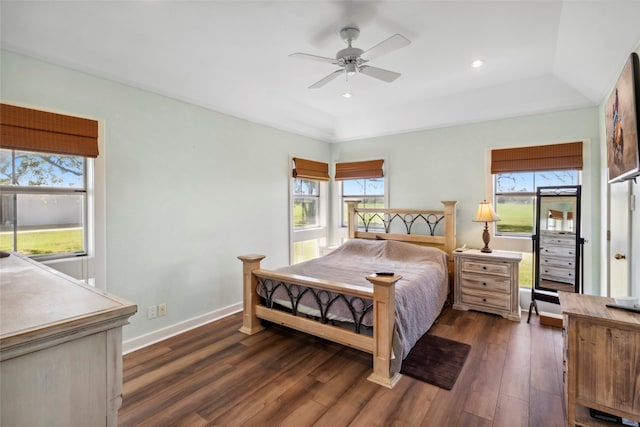 bedroom featuring ceiling fan, dark hardwood / wood-style flooring, and multiple windows