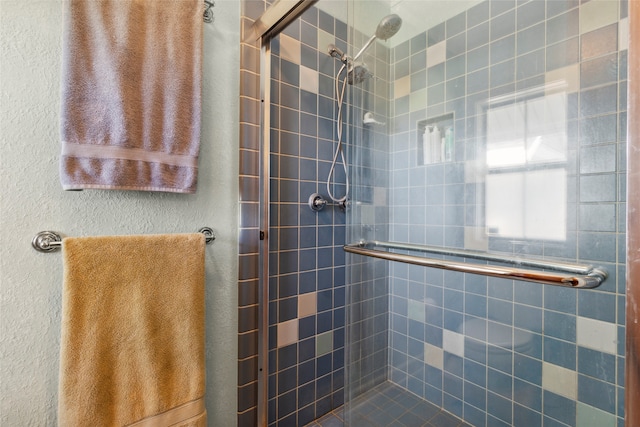 bathroom featuring a shower with door