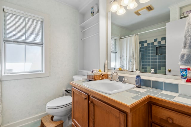 bathroom featuring toilet, vanity, and walk in shower