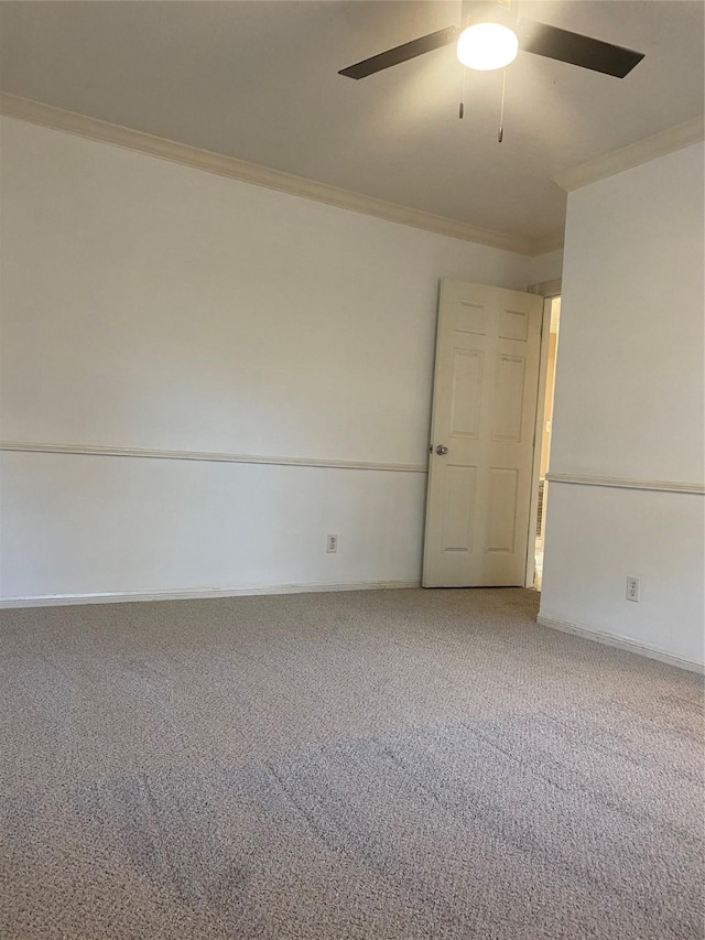 carpeted spare room featuring ceiling fan and ornamental molding