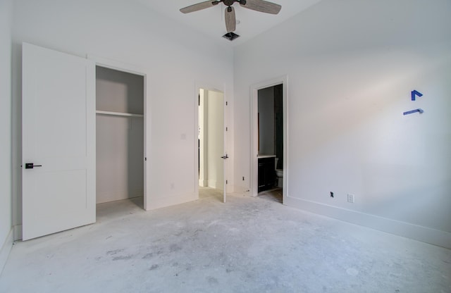 unfurnished bedroom with ensuite bath, ceiling fan, and a closet