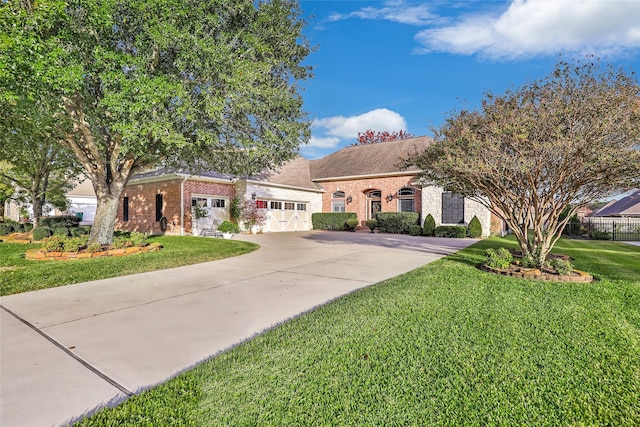 view of front of property featuring a garage and a front lawn