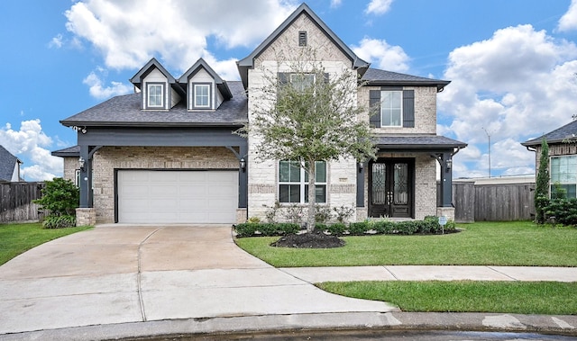 view of front of home with french doors, a garage, and a front lawn