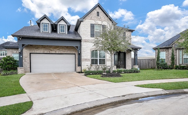 view of front of house with a front yard and a garage