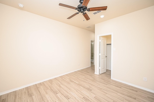 unfurnished bedroom featuring ceiling fan and light wood-type flooring