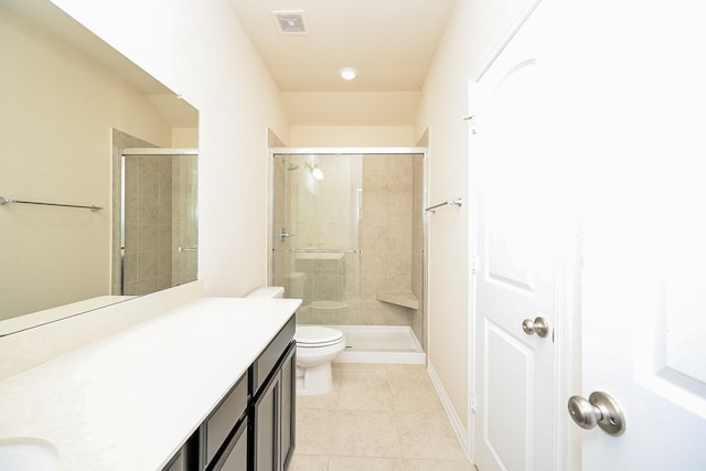 bathroom with tile patterned floors, an enclosed shower, and toilet