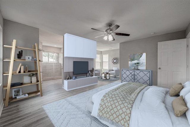 bedroom featuring light hardwood / wood-style floors, ensuite bath, multiple windows, and ceiling fan