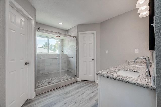 bathroom featuring hardwood / wood-style floors, vanity, and an enclosed shower