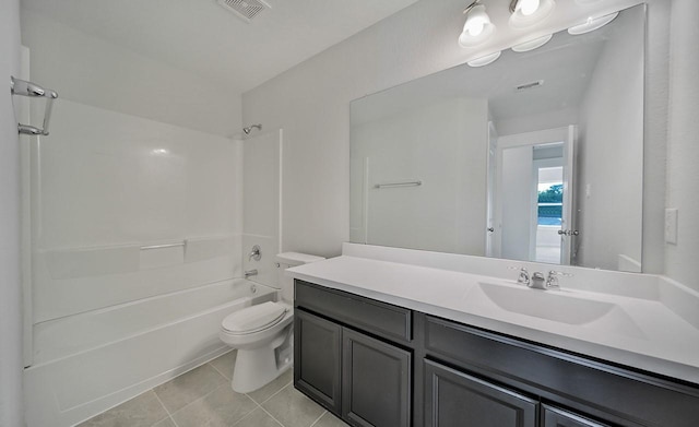 full bath featuring visible vents, toilet, tile patterned flooring, vanity, and shower / bathing tub combination