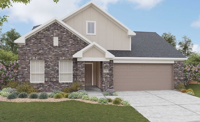 view of front of house with board and batten siding, brick siding, driveway, and an attached garage