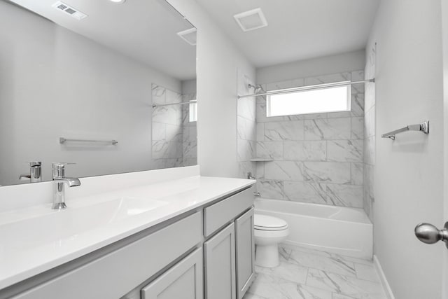 full bath with marble finish floor, visible vents, toilet, and vanity