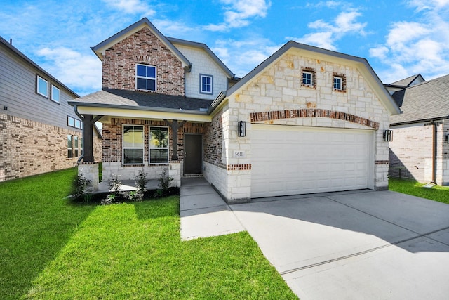 view of front of house with concrete driveway, an attached garage, a porch, a front yard, and brick siding
